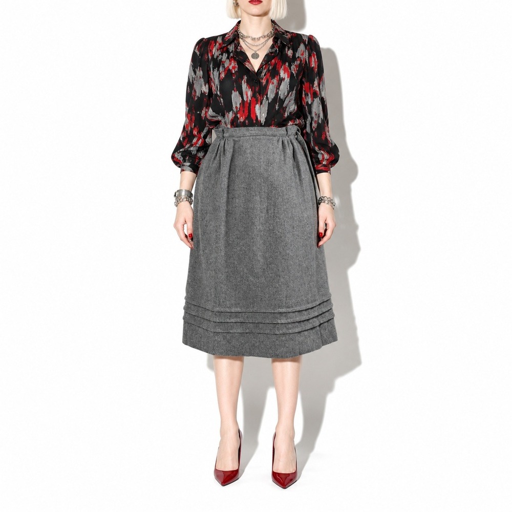 70s Vintage Jantzen Via Wool Wrap Midi Skirt Womens S Heather Gray A Line USA